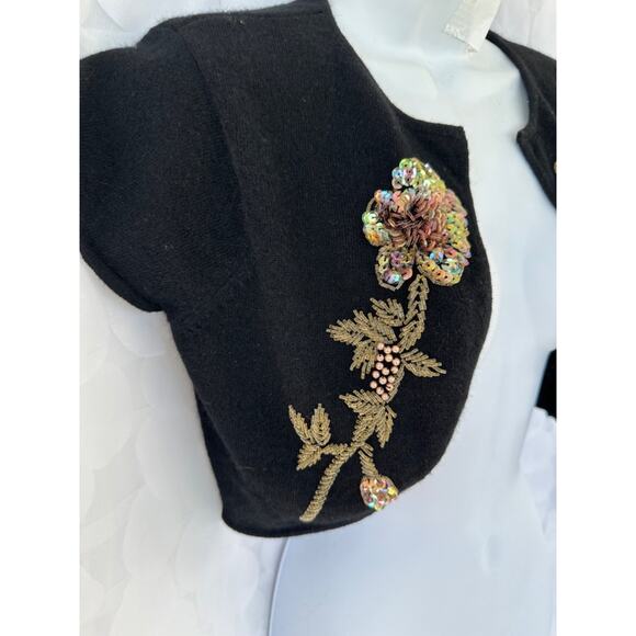 VTG 90's Black Lambs wool Cropped Bolero Sweater Gold Embellished Sequins Party - Picture 3 of 9